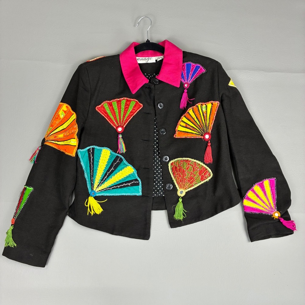 Anage Vintage 90s Art to Wear Blazer XS Black Pink Japanese Fan Tassel Mirrors